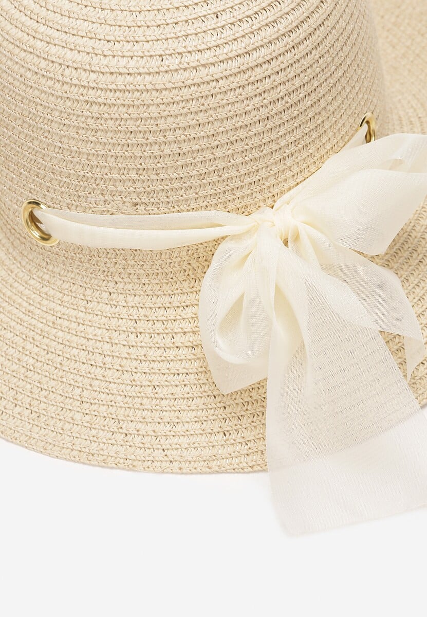 Beżowy Pleciony Kapelusz z Kokardką i Szerokim Rondem Maronia