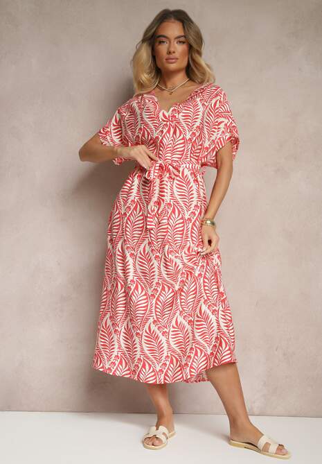 Czerwona Sukienka z Wiskozy Ozdobiona Paskiem i Motywem Liści Belozi