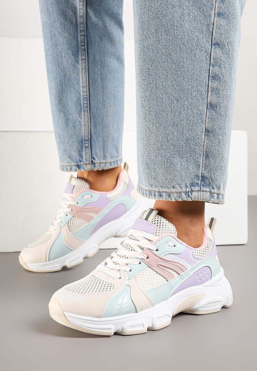 Biało-Fioletowe Streetwearowe Sneakersy ze Wstawkami z Siateczki Deylisse