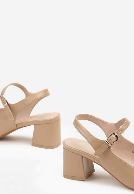 Beżowe Czółenka na Słupku Wykończone Kwadratowym Noskiem bez Pięty Tinadoria