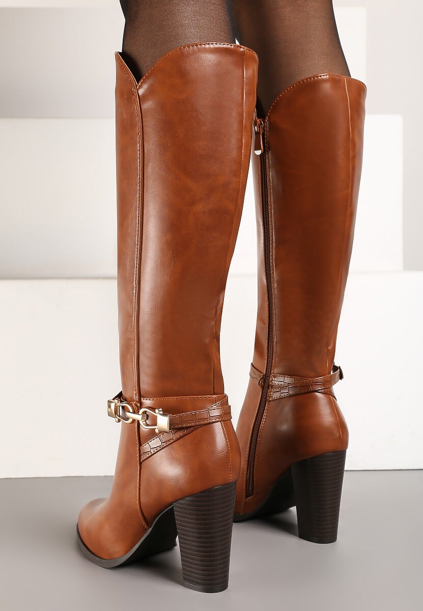 Jasnobrązowe Kozaki na Słupku Muszkieterki z Klamerką Vortilina