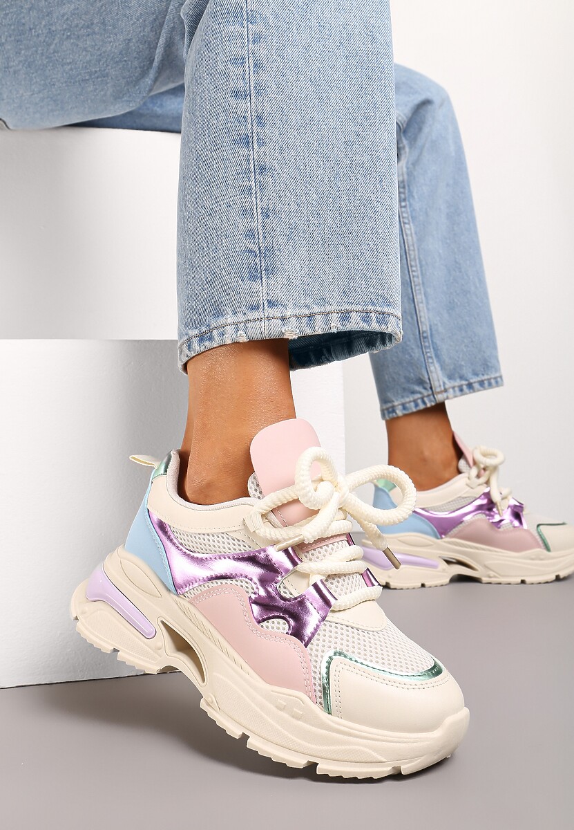 Beżowe Sneakersy na Platformie z Wycięciem i Grubymi Sznurówkami Bosylia