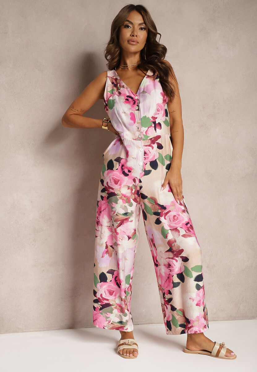 Różowy Taliowany Kombinezon na Ramiączkach w Kwiatowy Wzór Ilvitela