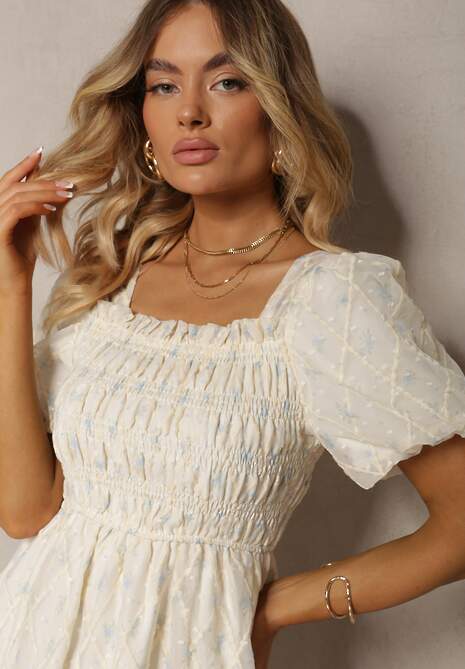 Beżowo-Niebieska Sukienka z Marszczonym Dekoltem o Rozkloszowanym Kroju z Bufiastymi Rękawami Vikirrena