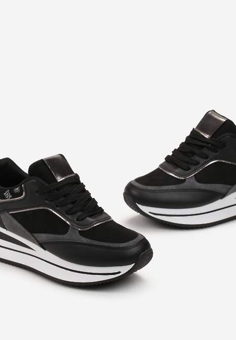 Czarne Sneakersy na Grubej Podeszwie z Metalicznymi Wstawkami Venussa