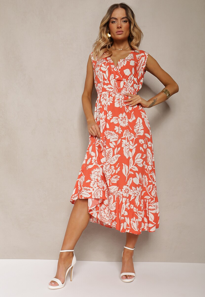 Pomarańczowa Wiskozowa Kwiatowa Sukienka Wykończona Gumką w Pasie o Rozkloszowanym Kroju Keranea