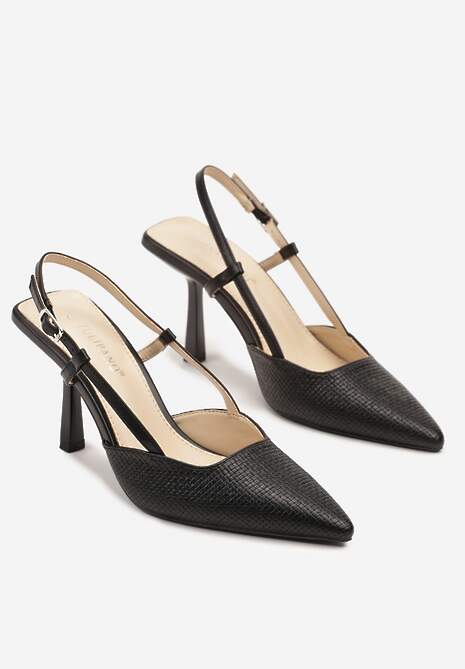 Czarne Sandały na Szpilce Typu Slingback Leathara