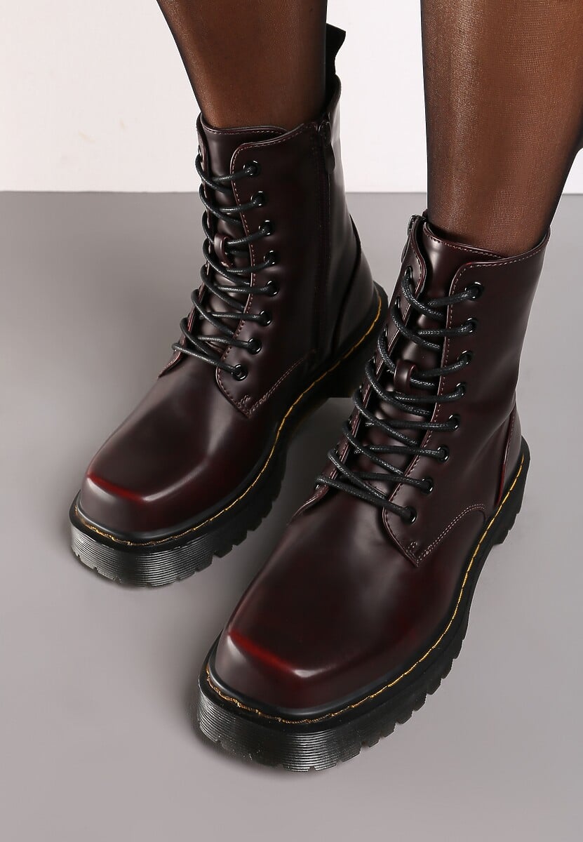 Bordowe Sznurowane Ocieplone Botki na Platformie w Stylu Workerów Crecca