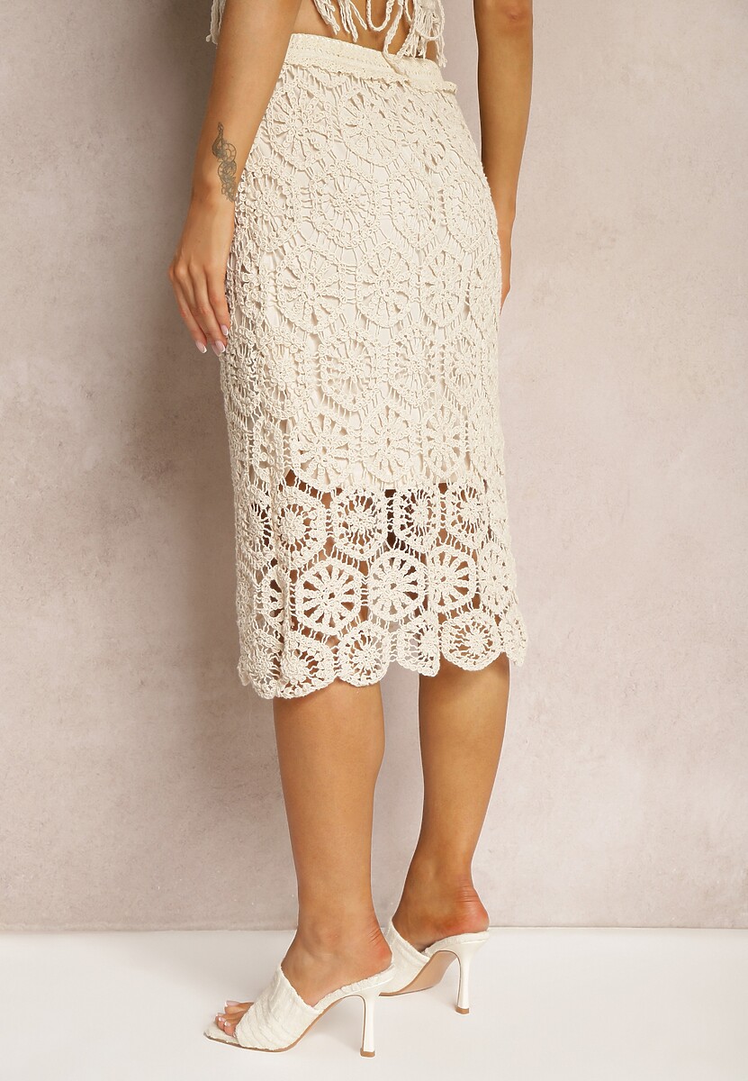 Beżowa Ażurowa Spódnica Ołówkowa z Gumką w Talii Iristi