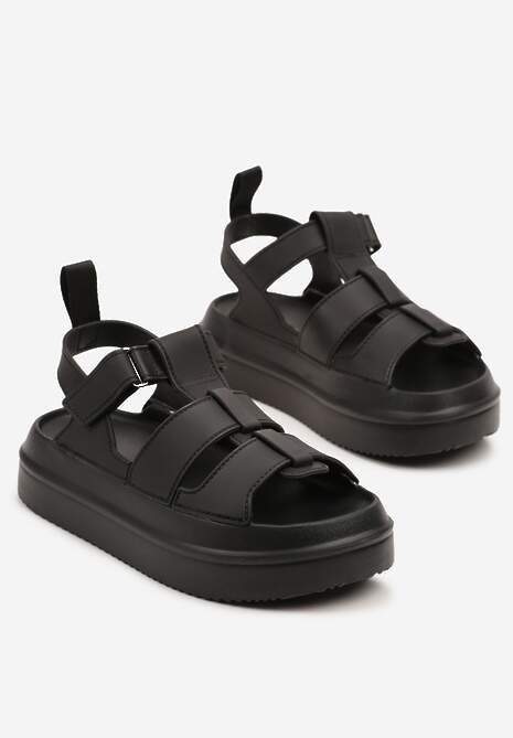 Czarne Sandały w Stylu Gladiatorek z Rzepem Faliniela