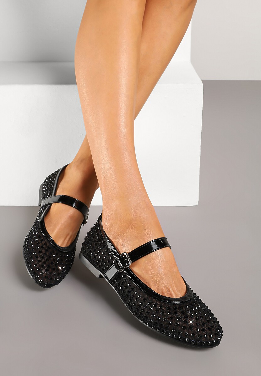 Czarne Balerinki z Siateczkową Cholewką z Cyrkoniami Adislena