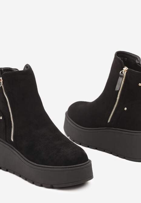 Czarne Botki na Koturnie z Ozdobnym Suwakiem z Boku Linneasia