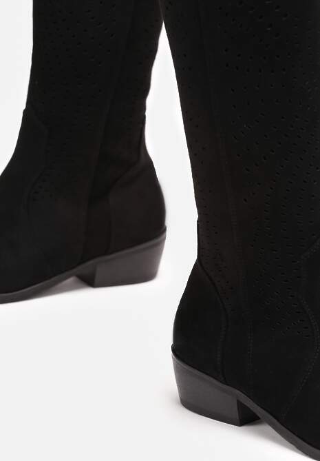 Czarne Botki Kowbojki z Ażurową Cholewką na Niskim Stożku Fellime