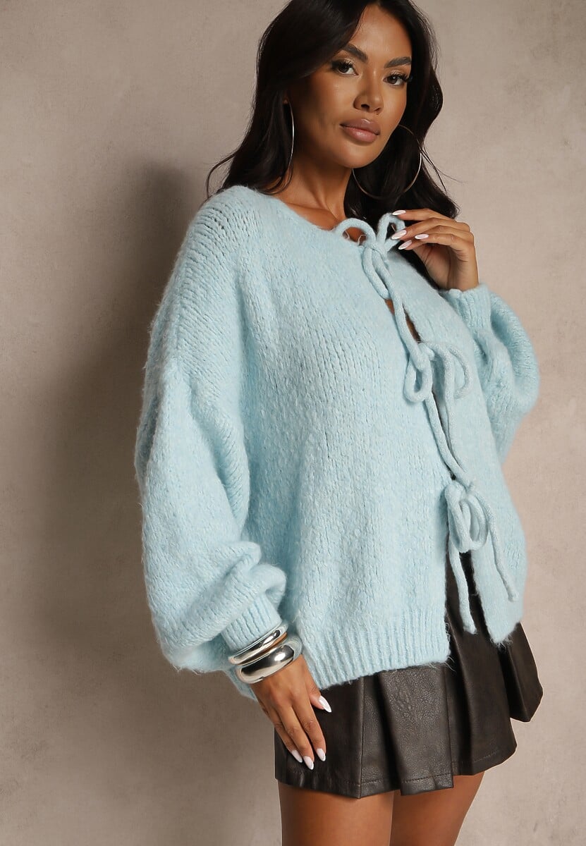 Jasnobrązowy Kardigan z Wełną o Kroju Oversize z Wiązanymi Kokardami Elearina