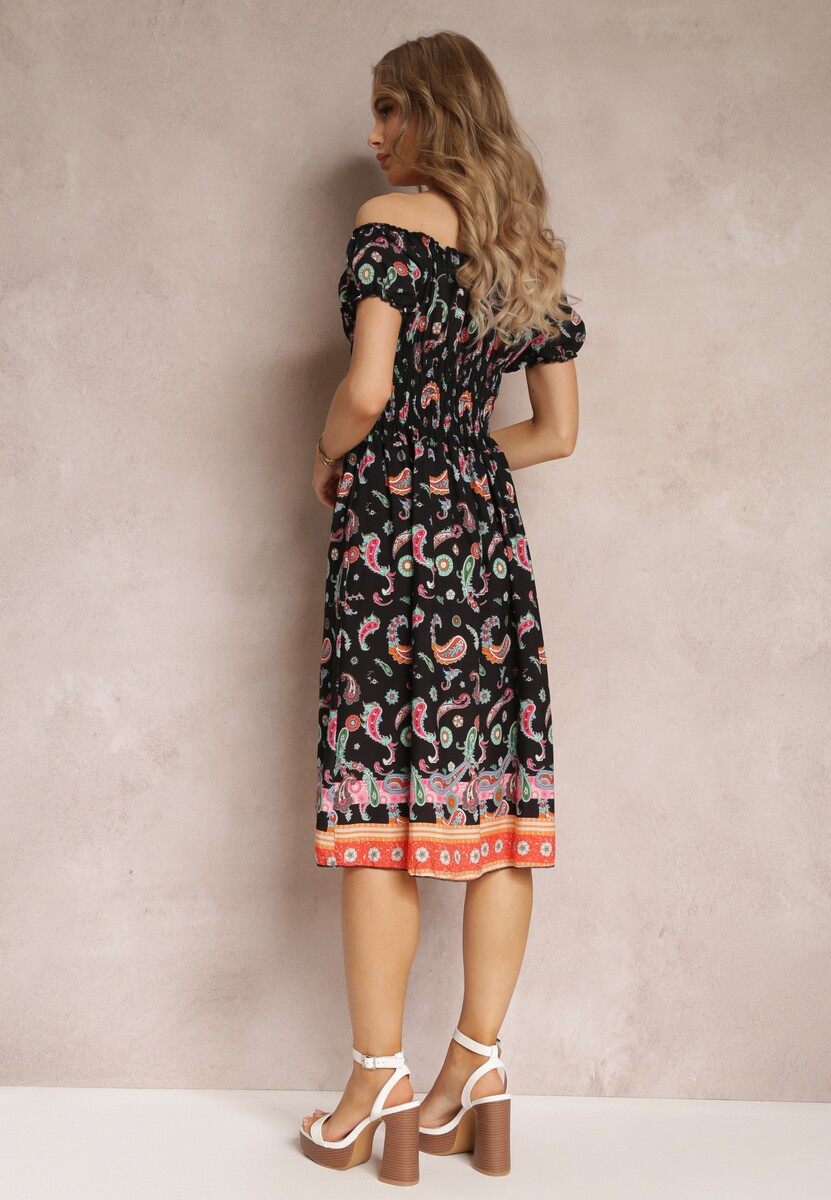 Czarna Bawełniana Sukienka Hiszpanka z Gumką w Pasie i Wzorem Paisley Maggies