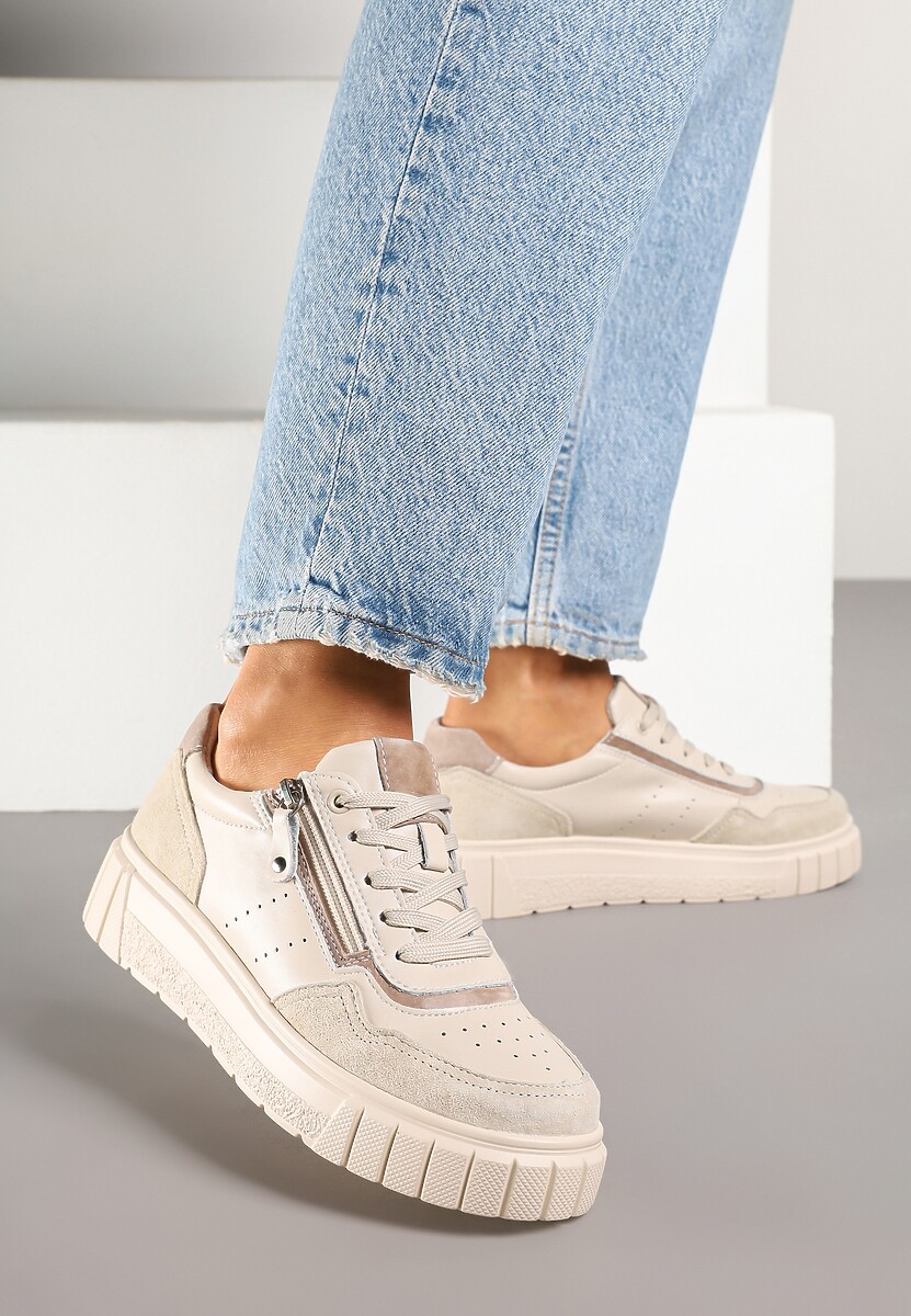 Beżowe Sneakersy ze Skóry Naturalnej z Ozdobnym Suwakiem Tilliraya