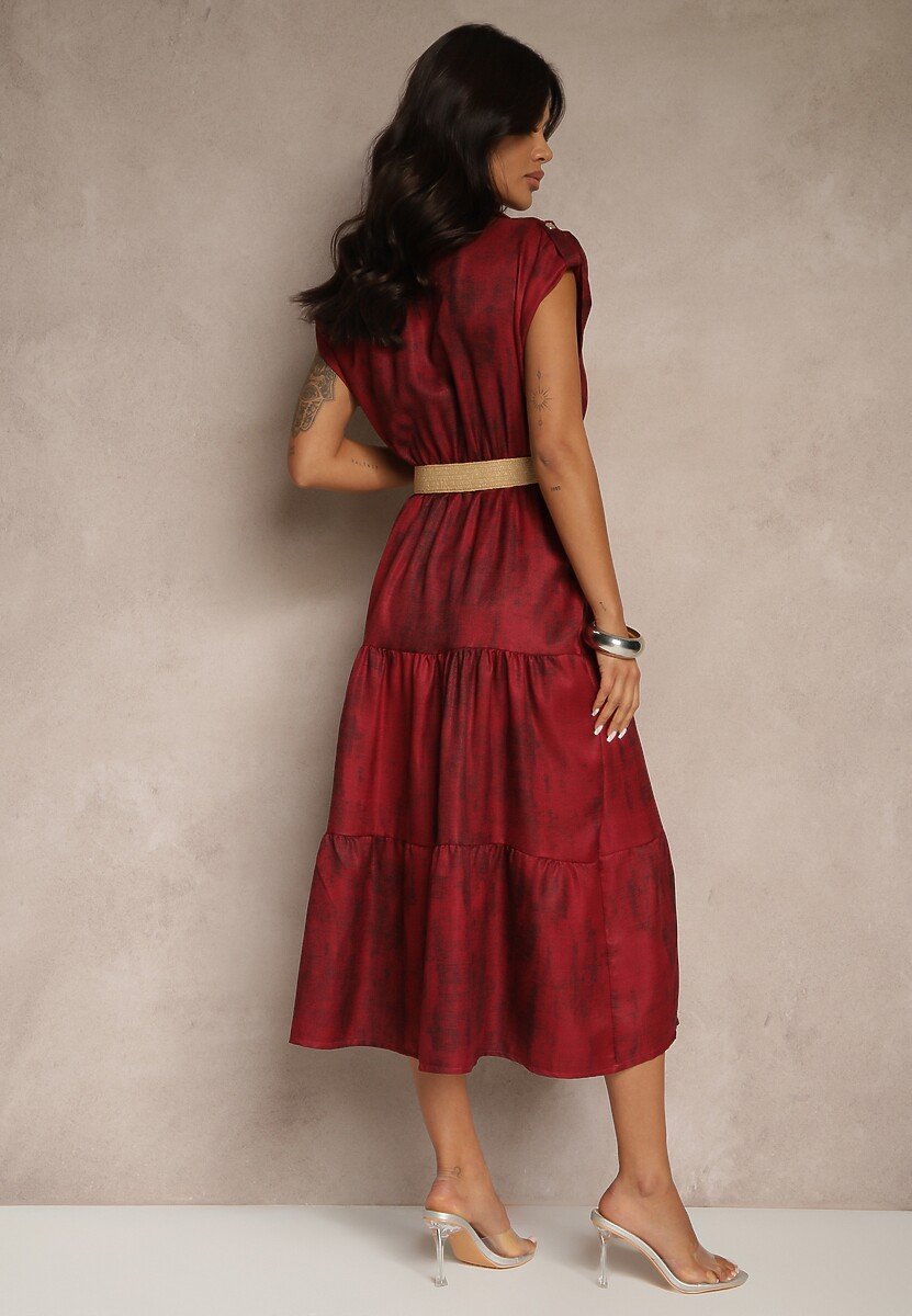 Bordowa Sukienka z Guzikami i Paskiem z Plecionki Fillona