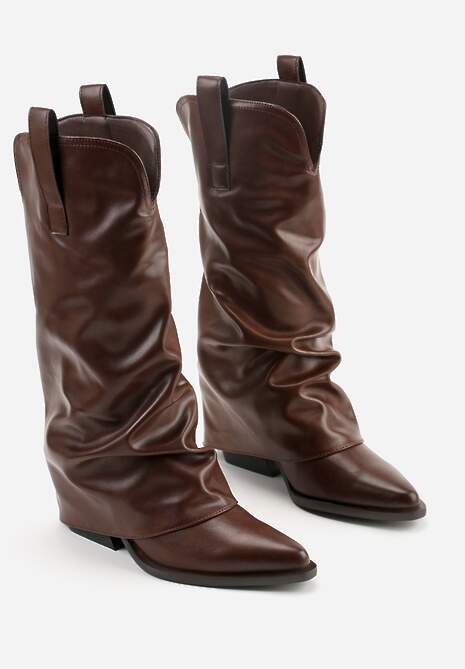 Ciemnobrązowe Kozaki Kowbojki na Stożku z Wywiniętą Marszczoną Cholewką Escana