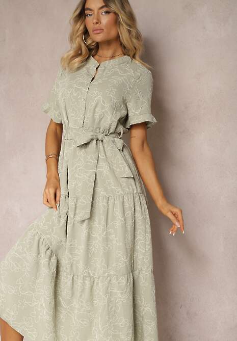 Zielona Sukienka o Rozkloszowanym Fasonie z Paskiem i Wiskozą Risarissa