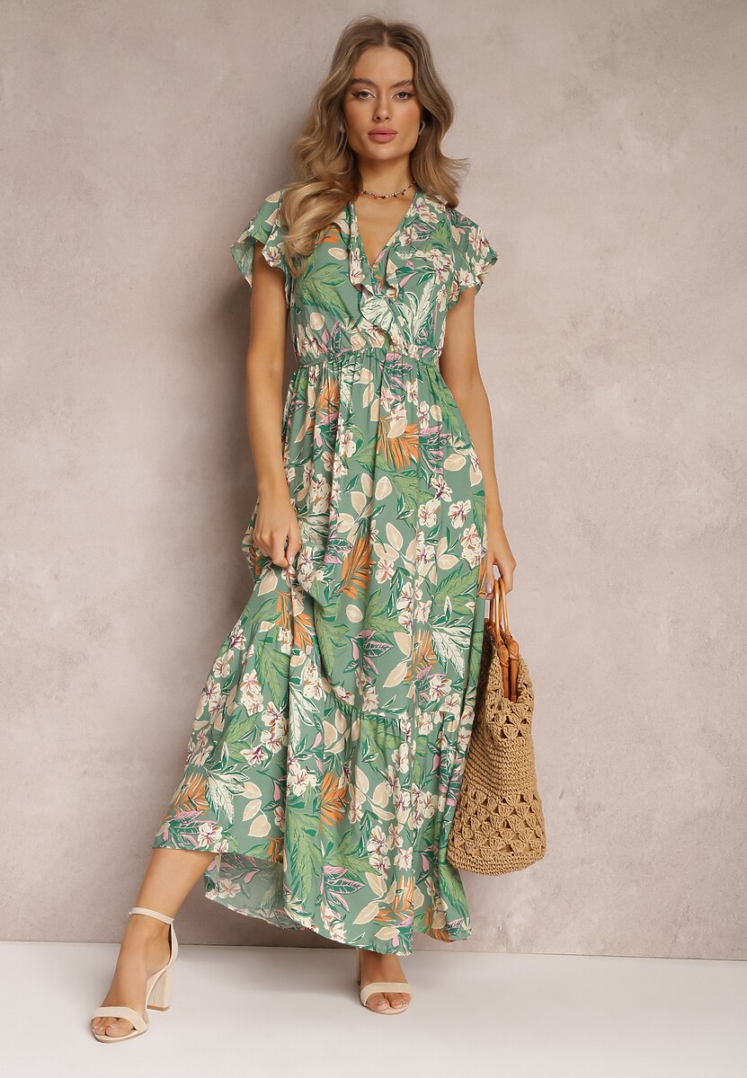 Zielona Sukienka z Wiskozy Maxi w Kwiaty Mahiza