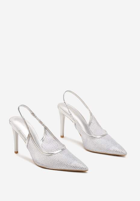 Srebrne Cyrkoniowe Szpilki ze Szpiczastym Noskiem i Odsłoniętą Piętą Sanaraia