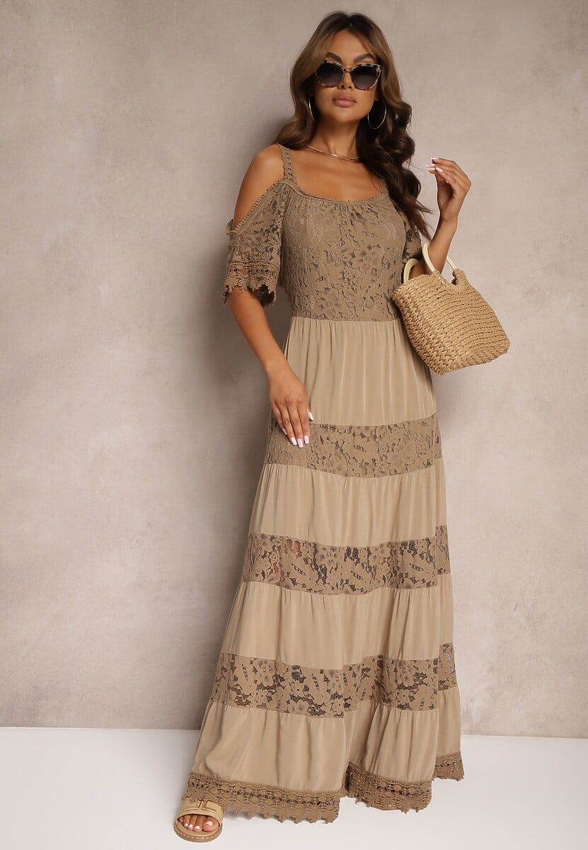Brązowa Koronkowa Sukienka z Wiskozą o Rozkloszowanym Kroju na Ramiączkach Leris
