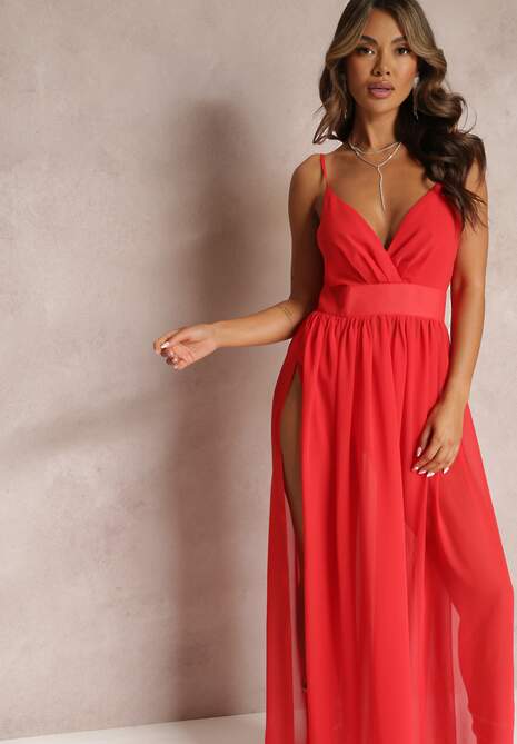 Czerwona Rozkloszowana Sukienka Maxi z Gumką w Pasie i Majtkami Medane