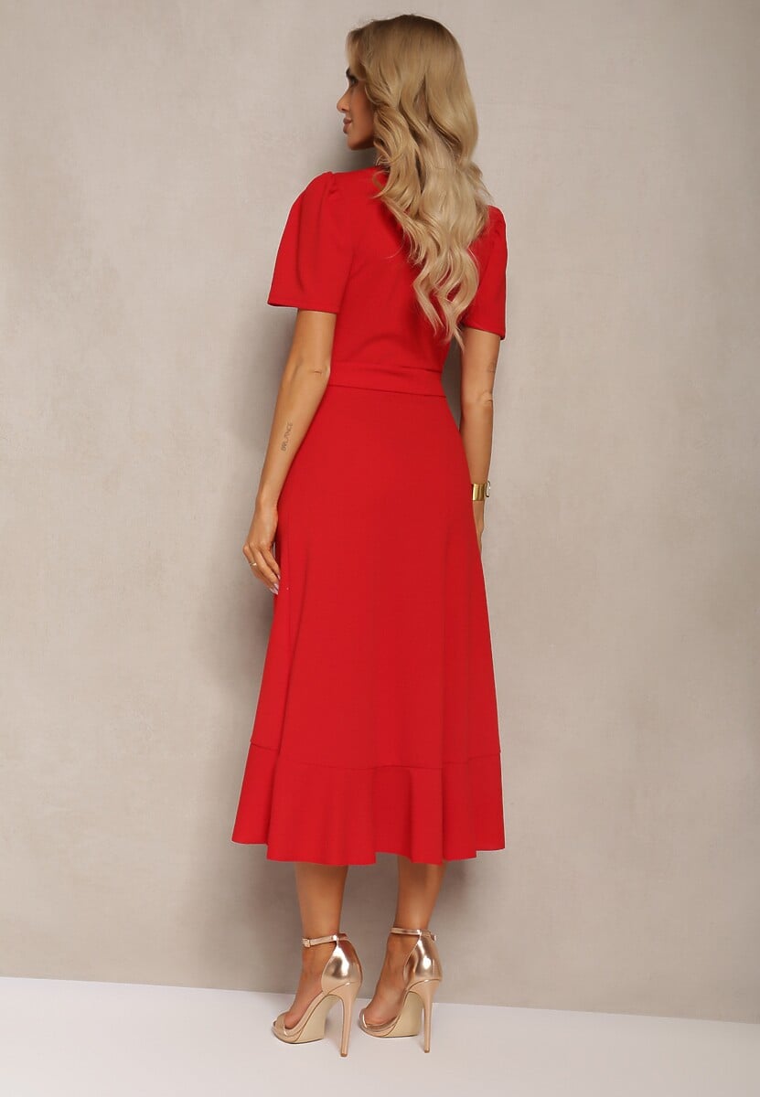 Czerwona Kopertowa Sukienka z Falbanką Caronia