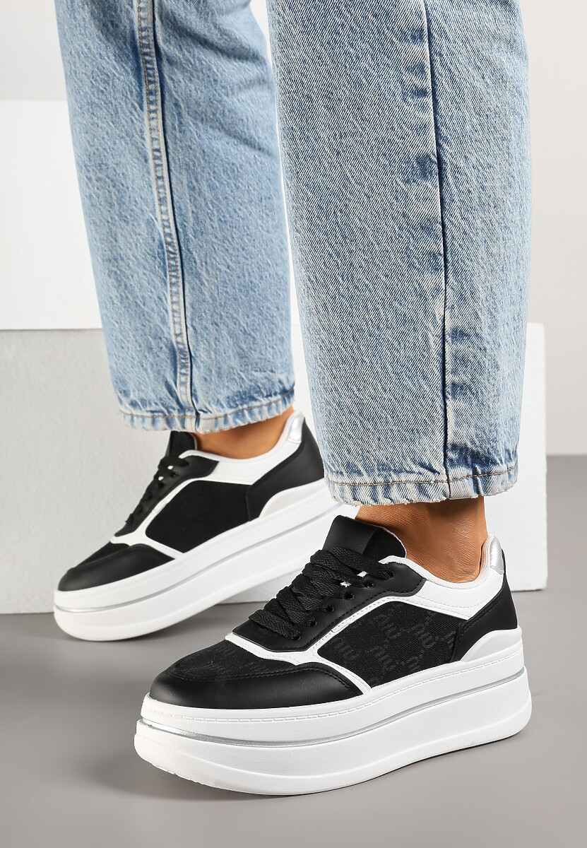 Czarno-Białe Sneakersy na Platformie z Tłoczoną Cholewką Callirae