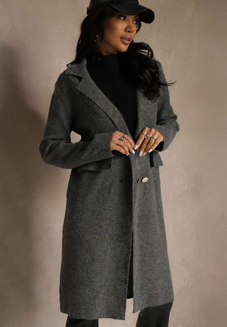 Szary Płaszcz Dwurzędowy o Długim Kroju w Eleganckim Stylu Saratusa