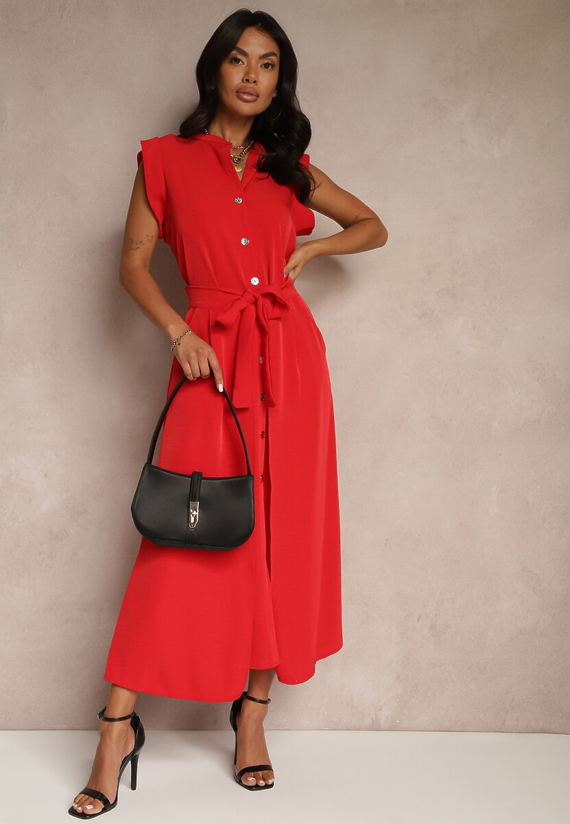 Czerwona Sukienka z Paskiem Koszulowa o Rozkloszowanym Fasonie Mavoselle