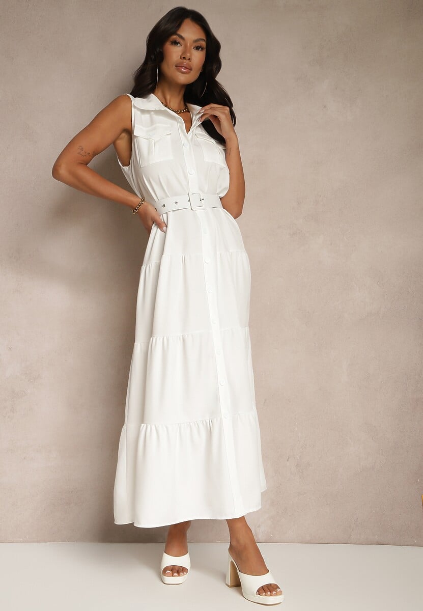 Biała Sukienka Koszulowa z Ozdobnymi Guzikami i Paskiem Maviosa