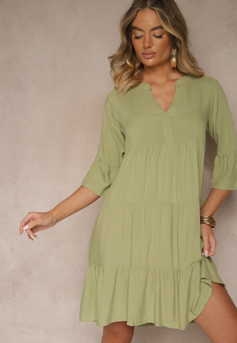 Granatowa Wiskozowa Sukienka o Rozkloszowanym Kroju Ozdobiona Falbanami Lirione