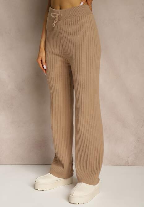 Ciemnobeżowy Komplet z Dzianiny z Bawełną Spodnie Kamizelka i Długi Kardigan Mevalinia