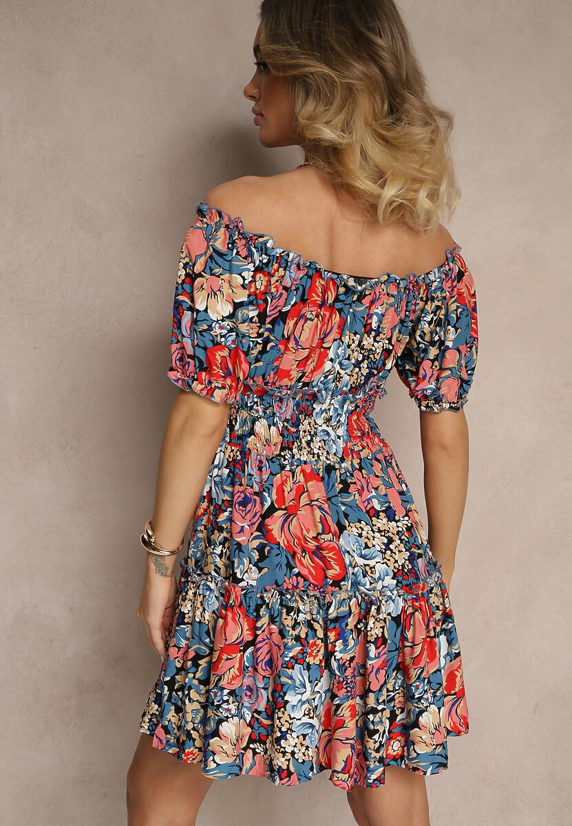 Niebiesko-Czarna Rozkloszowana Sukienka Mini z Gumkami w Pasie i Krótkimi Rękawami z Wiskozy Merrelle