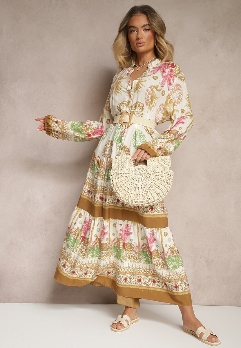 Beżowa Sukienka z Wiskozy Rozkloszowana w Print Boho Aedia