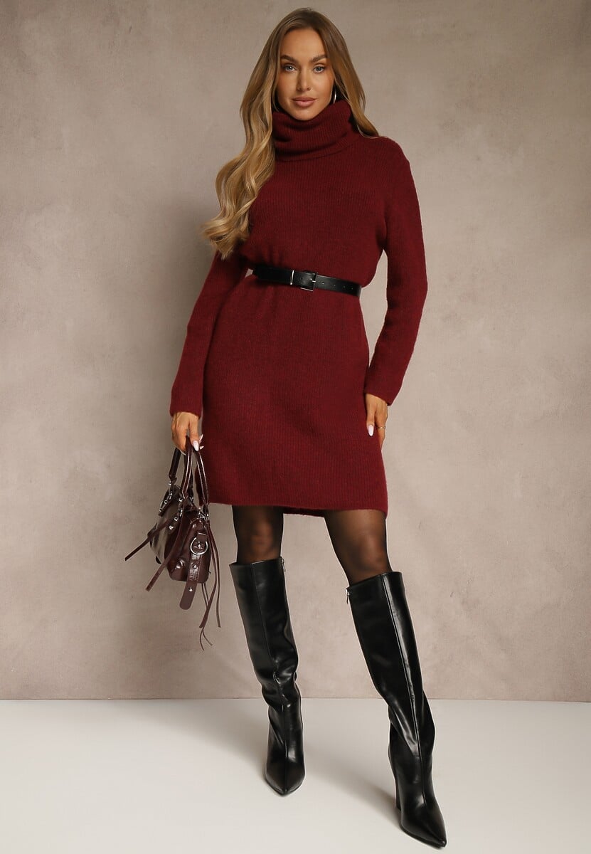 Bordowa Sweterkowa Sukienka Golf z Wełną i Wiskozą Fedorina