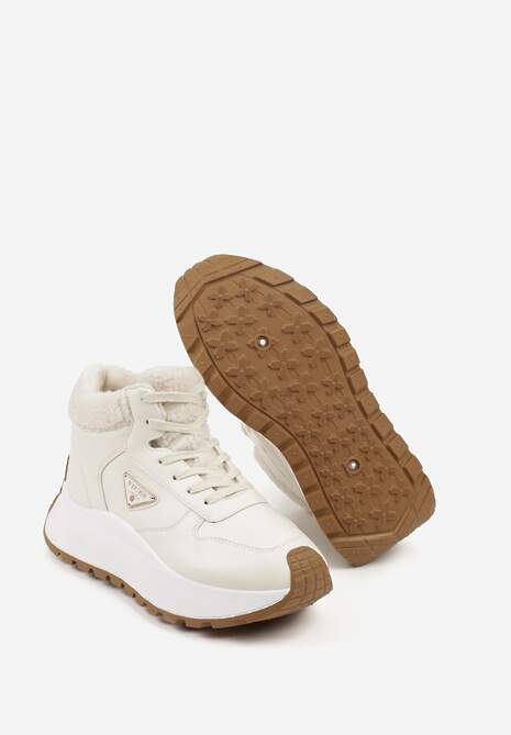 Beżowe Sneakersy Śniegowce Vices na Platformie Ozdobione Trójkątną Aplikacją Ficebia