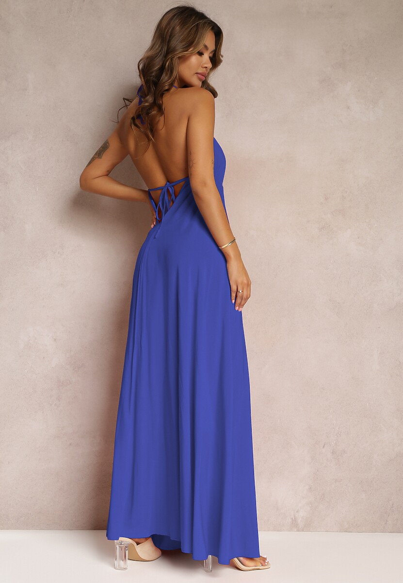 Granatowa Rozkloszowana Sukienka Bawełniana z Wiązaniem na Szyi Panethea