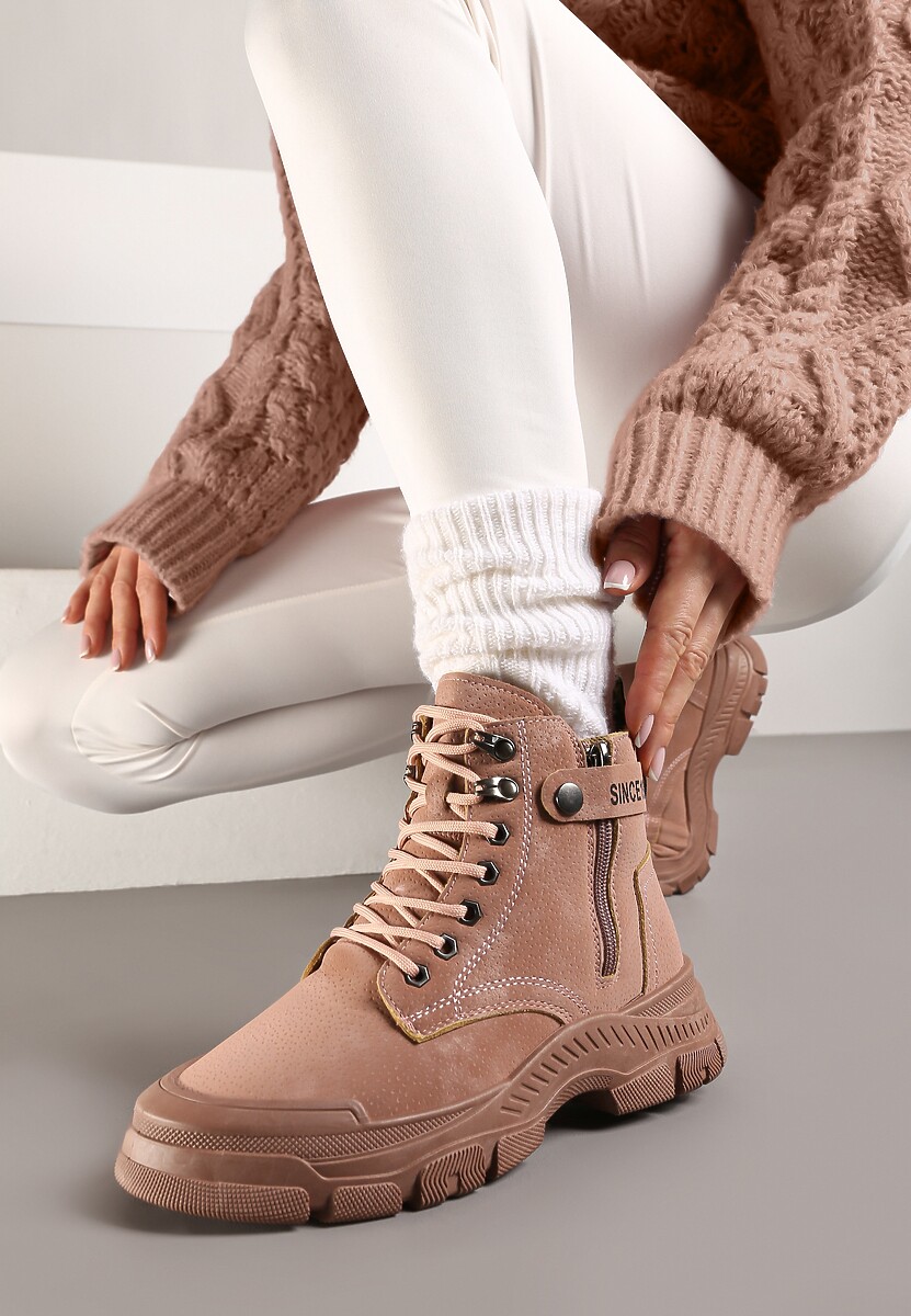 Różowe Sznurowane Botki Traperki na Grubej Podeszwie Trewenna