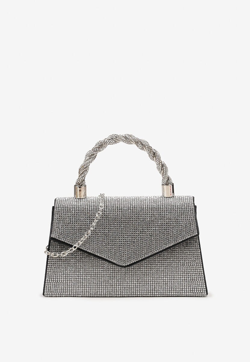 Czarno-Srebrna  Torebka Kopertówka z Łańcuszkiem i Ozdobną Rączką z Cyrkoniami Zapinana na Magnes Jenatia