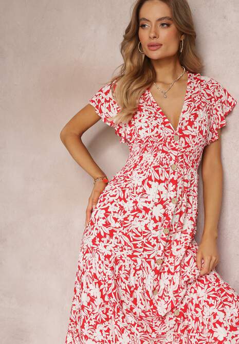 Czerwono-Biała Wiskozowa Sukienka Maxi z Gumką w Talii i Falbankami Maethia