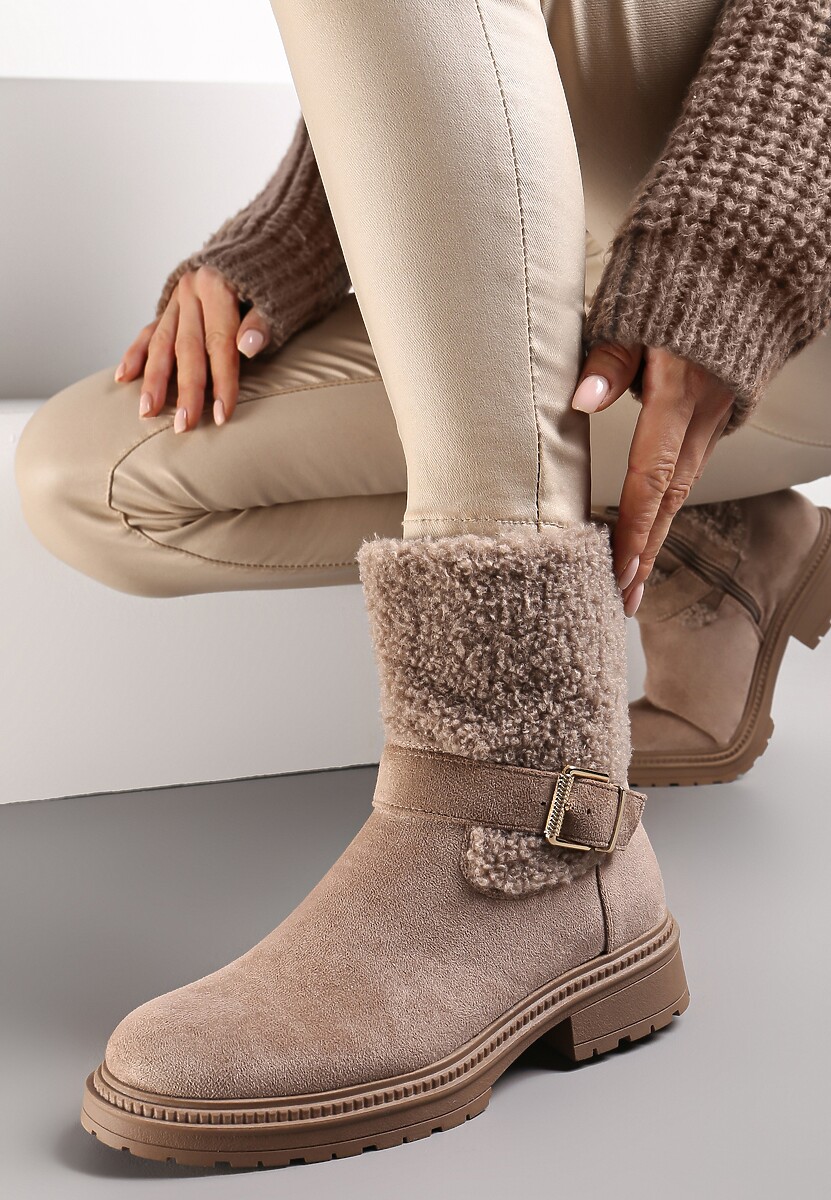 Beżowe Botki z Futerkiem i Paskiem z Klamerką Adorra