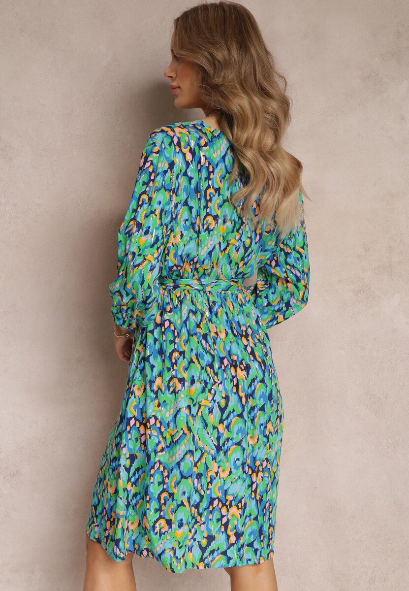 Zielona Kopertowa Sukienka Midi z Wiązanym Paskiem i Metaliczną Nitką Armellia