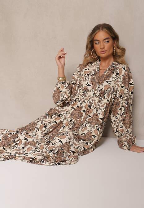 Brązowa Rozkloszowana Sukienka z Wiskozy z Dekoltem w Kształcie Litery V Atenavela