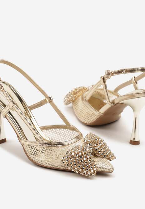Złote Sandały Siateczkowe Vices na Szpilce Zdobione Kokardą i Cekinami Reandra