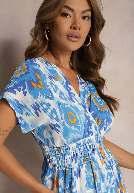 Niebieska Sukienka Rozkloszowana z Trójkątnym Dekoltem i Gumką w Talii Darrla