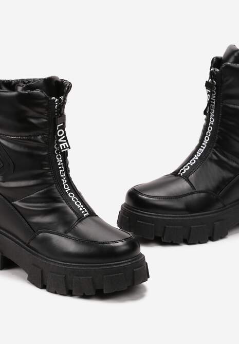 Czarne Śniegowce z Ekoskóry z Ozdobnym Suwakiem i Napisem Veneria