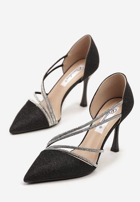 Czarne Brokatowe Szpilki z Cyrkoniowym Zdobieniem Dolerra