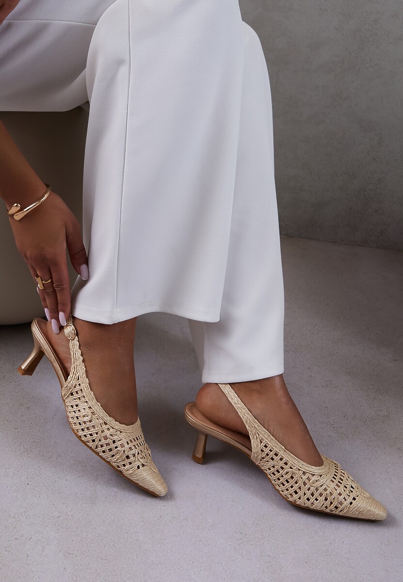 Beżowe Sandały na Szpilce Vices Slingback z Ażurową Cholewką Nilanira